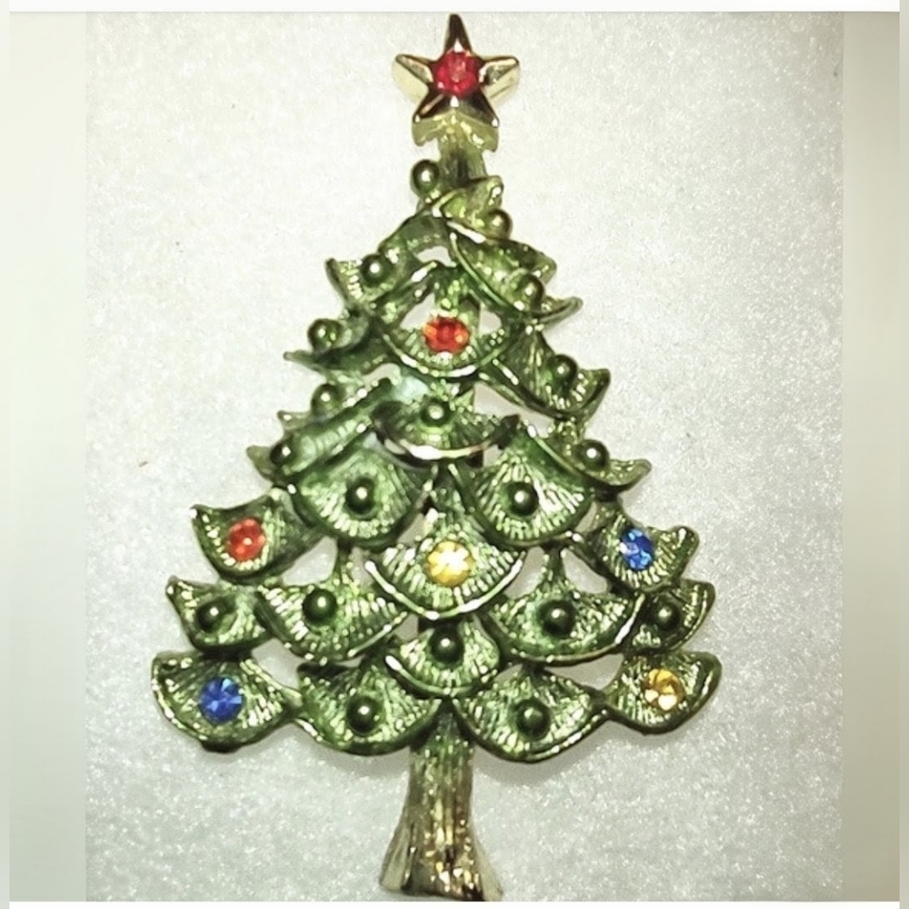 Christmas Tree Brooch with Gold Star & Rhinestones